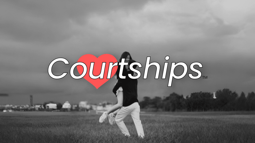 two people in a Field of grass Courtships with soft red heart login banner